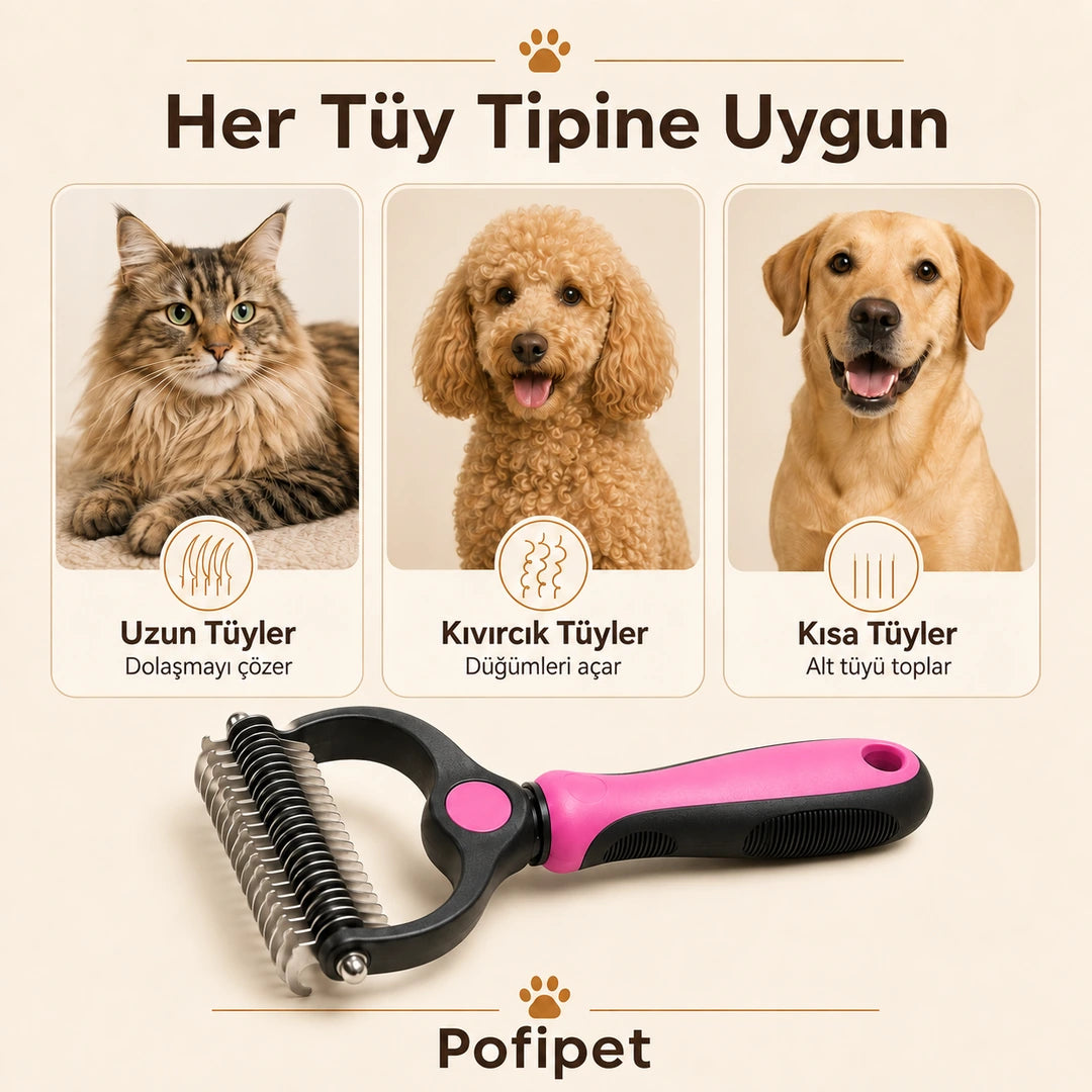 Uzun, kıvırcık ve kısa tüylü kedi ve köpekler için uygun tarak