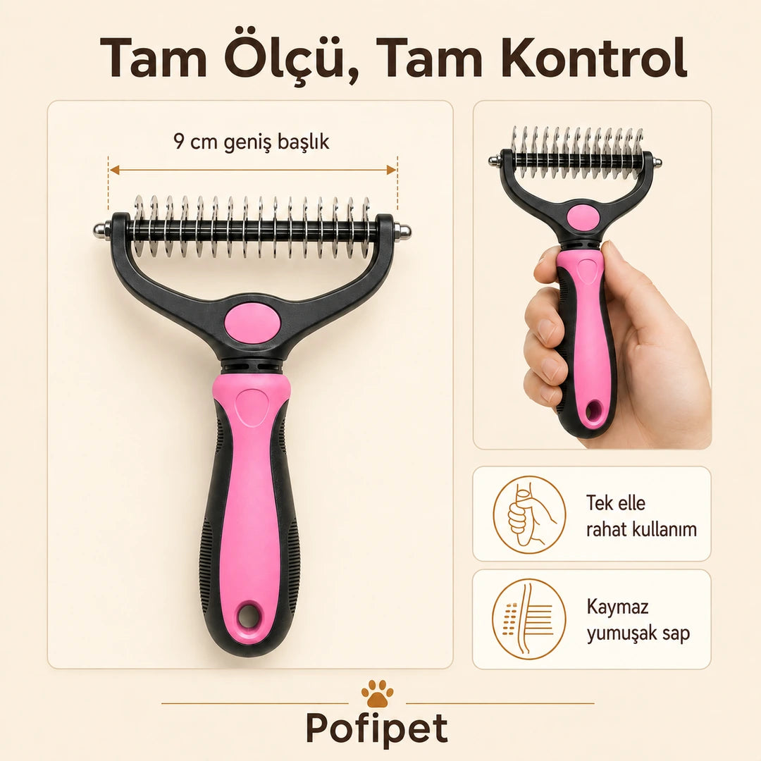 9 cm geniş başlıklı Pofipet tarak ve tek elle kavranan kaymaz sap